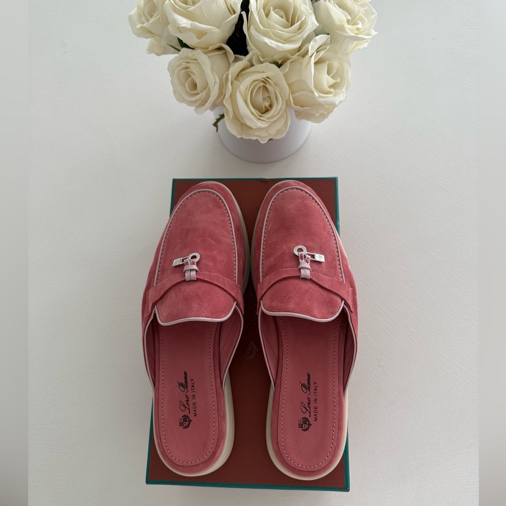 Loro Piana Pink Velvet Mules with Decorative Hardware